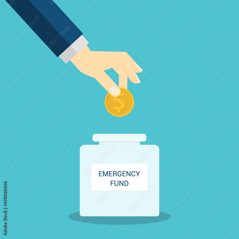Emergency Fund. Saving dollar coin in money jar. Growth, income, savings, investment. Symbol of wealth. Business success. Flat style vector illustration.
Emergency Fund. Saving dollar coin in money jar. Growth, income, savings, investment. Symbol of wealth. Business success. Flat style vector illustration.
