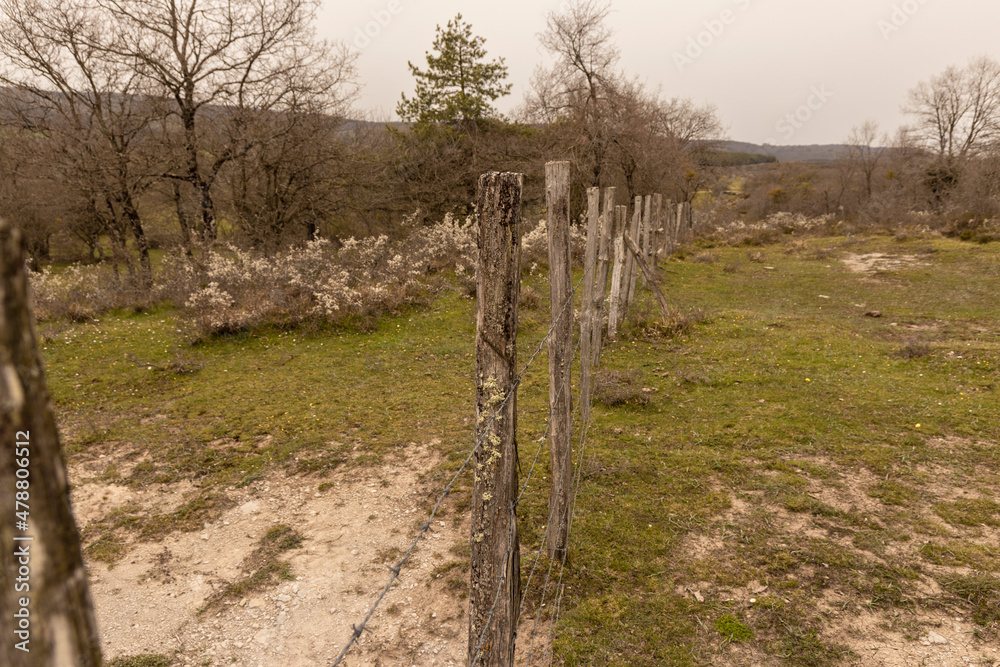rustic fence in the field in the mountains of alava in the basque country