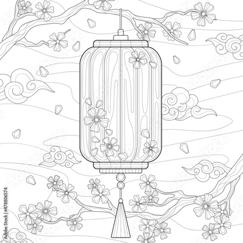 Hand drawing Chinese lantern with simple patterns and flowers, branches with sakura, clouds and sky. Cute illustration on a white isolated background. For coloring book pages.