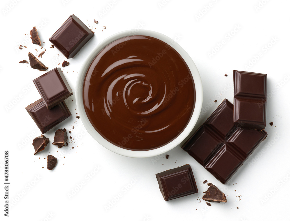 Bowl of melted dark chocolate and pieces of chocolate bar Stock Photo |  Adobe Stock