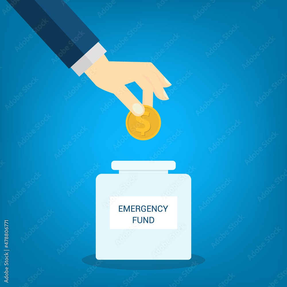 Emergency Fund. Saving dollar coin in money jar. Growth, income, savings, investment. Symbol of wealth. Business success. 