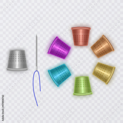 Silver and Multicolored Thimble, Needle and Thread, Vector Format illustration