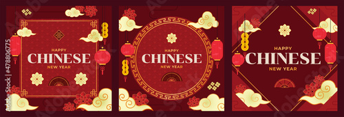 Happy Chinese New Year greeting card, social media post and printables. Including cny elements like lantern, cloud, hand fan and flower photo