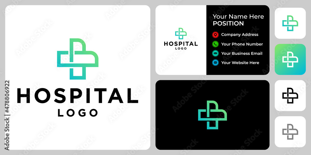 Cross hospital logo design with business card template.