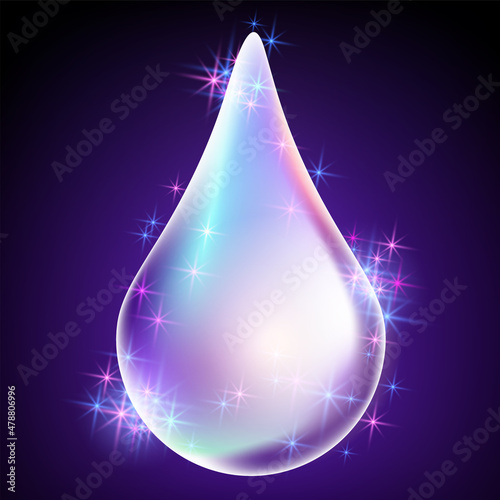 Water drop with sparkling shiny stars on dark blue background. Concept world water day.
