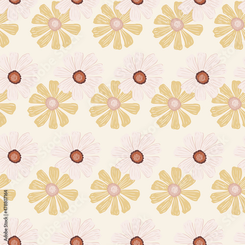 Chamomile pattern seamless in freehand style. Spring flowers on colorful background. Vector illustration for textile.