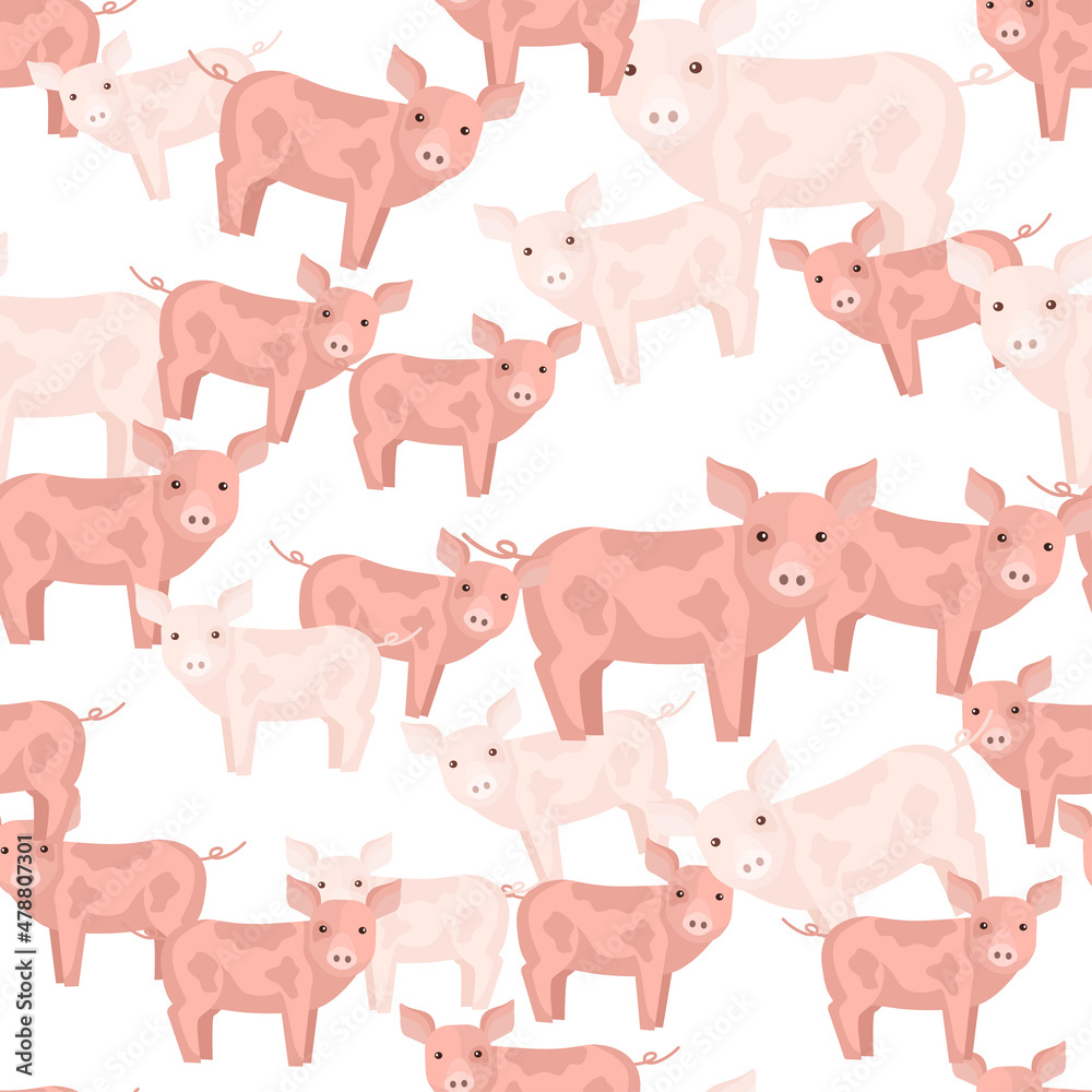 Obraz premium Seamless pattern of pig. Domestic animals on colorful background. Vector illustration for textile.