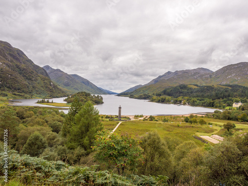 Loch Shiel and the famous Glenfinnan Monument, Glenfinnan, Fort William, Scotland, UK