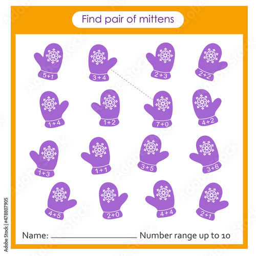  Math game for children. Find a pair of mittens by addition. Preschool worksheet activity. 