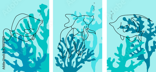 Collection of abstractions with fishes (sketch) and corals against colored background