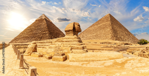 The Sphinx in front of Pyramids of Egypt  beautiful panoramic view