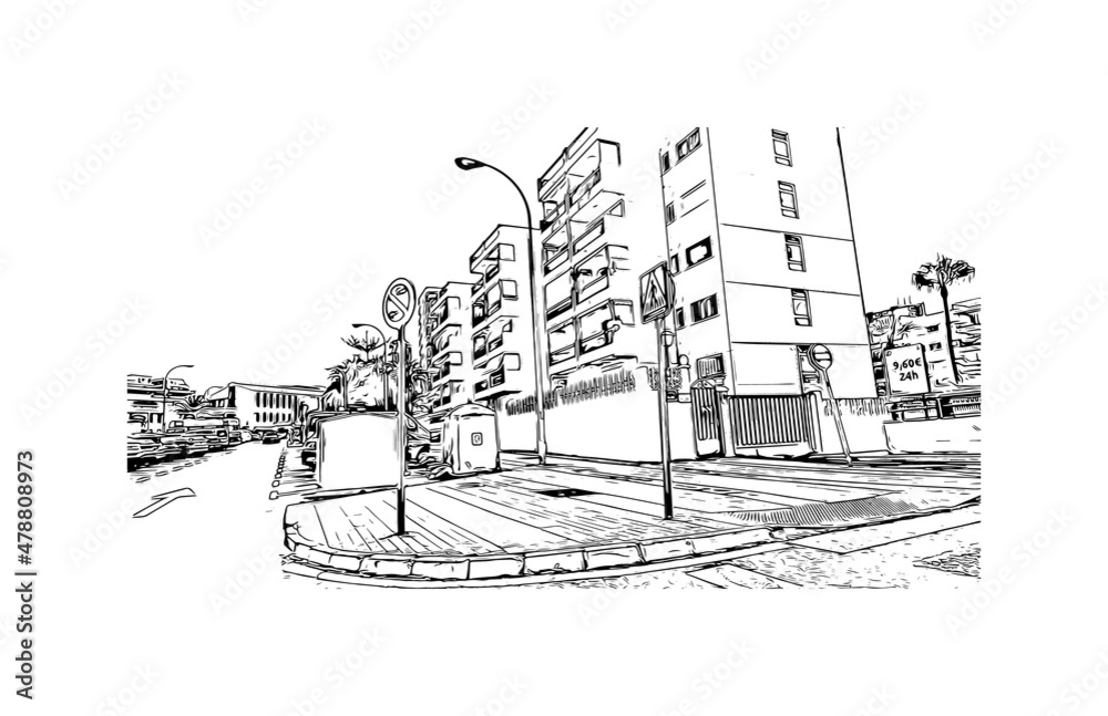 Building view with landmark of Los Cristianos is the 
town in Spain. Hand drawn sketch illustration in vector.