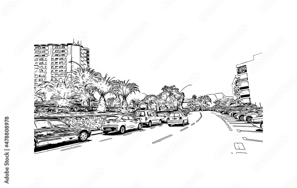 Building view with landmark of Los Cristianos is the 
town in Spain. Hand drawn sketch illustration in vector.