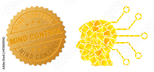 Golden collage of yellow fractions for neural link icon, and golden metallic Mind Control stamp. Neural link icon collage is constructed of scattered golden spots.