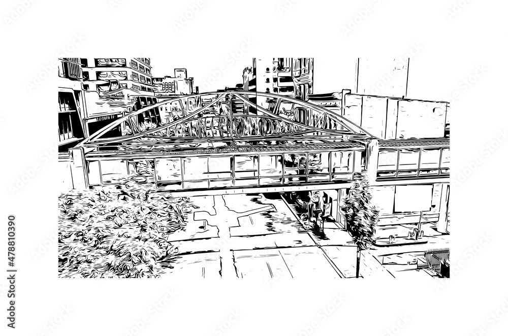 Building view with landmark of Louisville is the 
city in Kentucky. Hand drawn sketch illustration in vector.