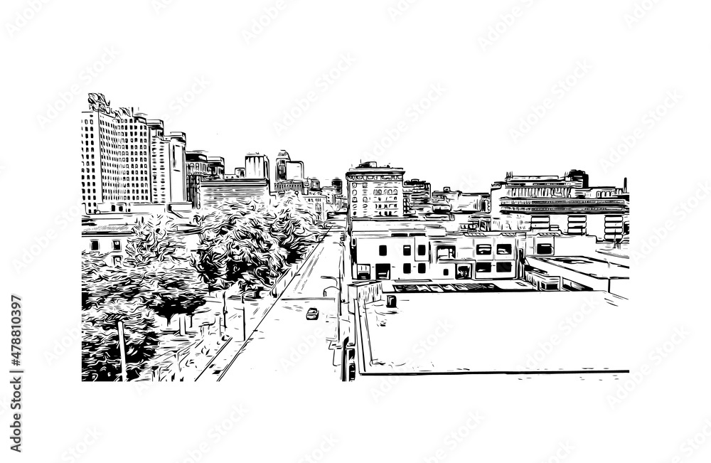 Building view with landmark of Louisville is the 
city in Kentucky. Hand drawn sketch illustration in vector.