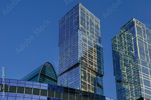 Skyscrapers in the business center  financial district  sunny day  blue sky  empty space  Moscow city  Russia.