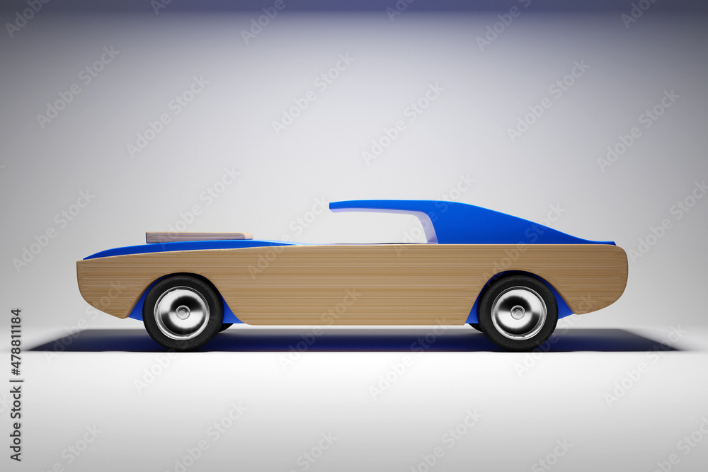 3d illustration of a  blue racing toy  car on the white isolated background.