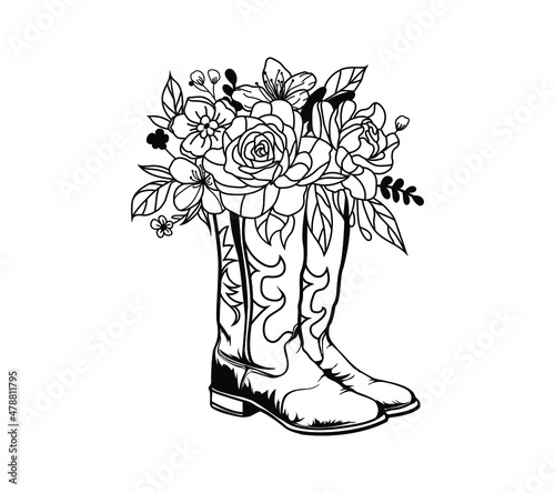 Cowboy boots with flowers isolated on a white background. Vector illustration.
