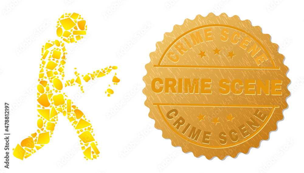 Golden mosaic of yellow spots for bloody knife killer icon, and golden