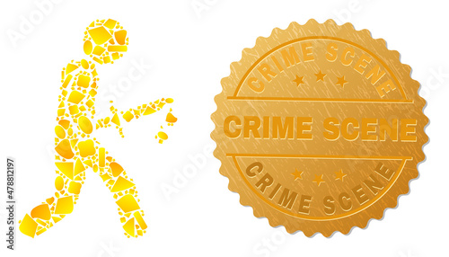 Golden mosaic of yellow spots for bloody knife killer icon, and golden metallic Crime Scene stamp. Bloody knife killer icon mosaic is organized of random golden.