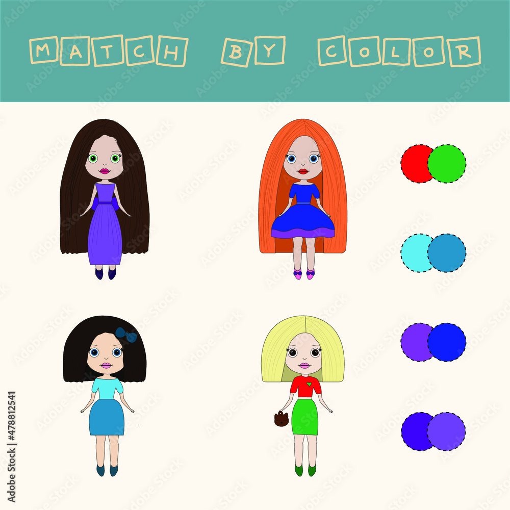 worksheet vector design, challenge to connect the doll with its color. Logic game for children. worksheet vector design, challenge to connect the doll with its color. Logic game for children.