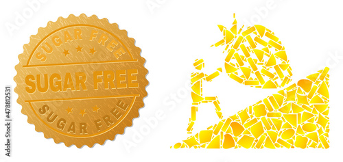 Golden mosaic of yellow spots for man rolling strawberry up icon, and gold metallic Sugar Free stamp seal. Man rolling strawberry up icon composition is organized from randomized gold parts.