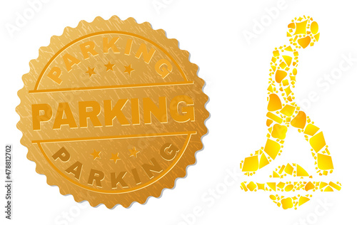 Golden collage of yellow parts for man drive one wheel icon, and golden metallic Parking seal print. Man drive one wheel icon composition is designed with random gold parts.