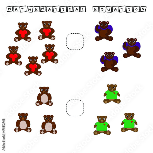 Developing activities for children, compare which more  bears. Logic game for children, mathematical inequalities.
