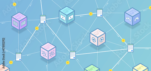 Virtual blocks with NFT crypto objects of art, sports, music, video, games items on sale and blockchain in the background. Online NFT collectibles market