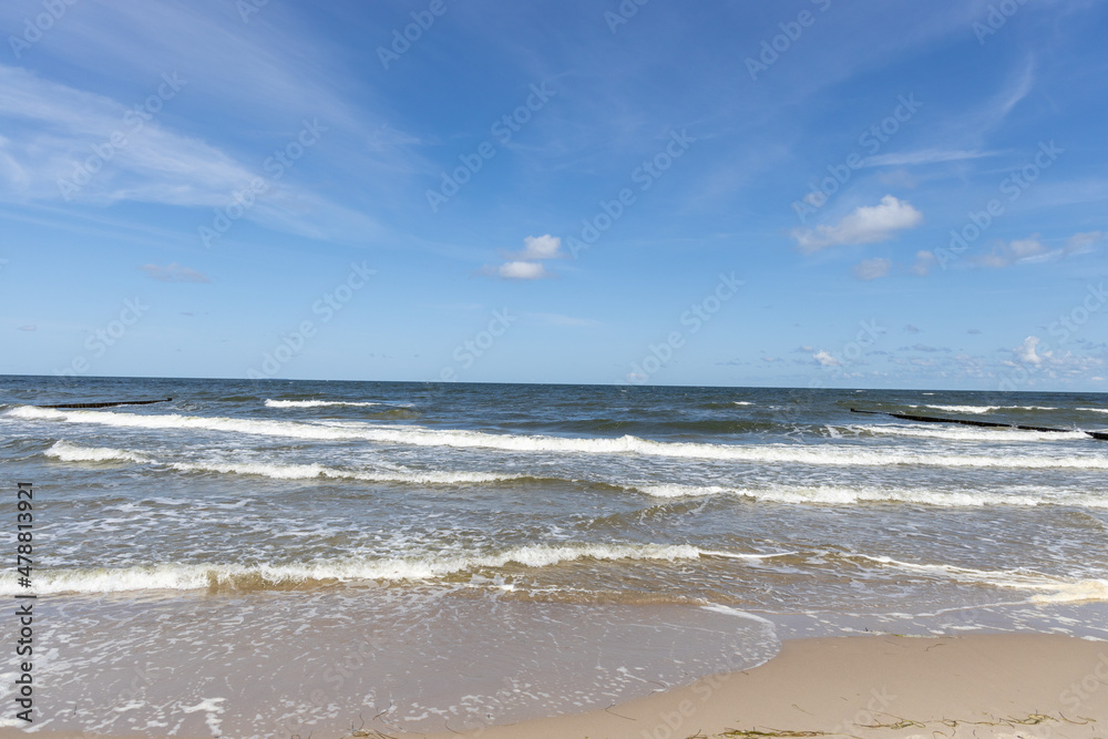 High and dangerous waves on the beach of Zempin on the island of Usedom on a beautiful day
