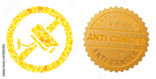Golden collage of yellow parts for stop CCTV camera icon, and golden metallic Anti Cancer seal. Stop CCTV camera icon composition is formed of scattered golden spots.