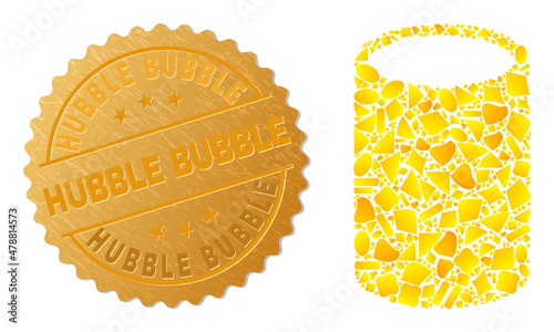 Golden mosaic of yellow items for cylinder icon, and golden metallic Hubble Bubble seal print. Cylinder icon mosaic is formed of randomized gold spots.