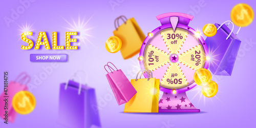3D lucky wheel sale banner, vector special offer roulette game background, shopping bag, coin. Fortune concept, e-commerce discount illustration, loyalty customer gift. Lucky wheel jackpot circle