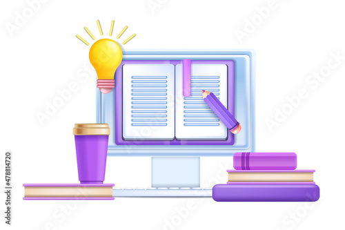 3D online education, vector digital course concept, e-book on computer screen, internet library. University distance training, home network graduation, idea bulb, pencil. Online education, webinar