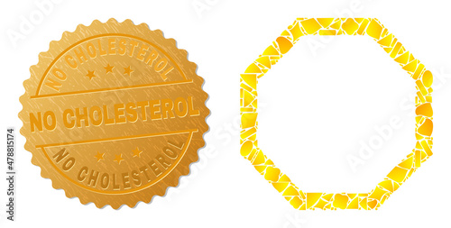 Golden mosaic of yellow parts for empty octagon icon, and golden metallic No Cholesterol stamp. Empty octagon icon mosaic is constructed of random golden particles.