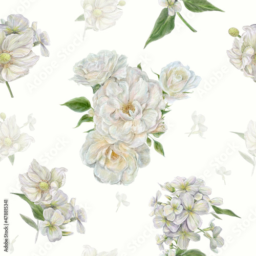 Seamless vintage watercolor pattern with beautiful white bouquets of flowers and white roses bouquets. For print: wedding cards, birthday cards, wallpaper design.