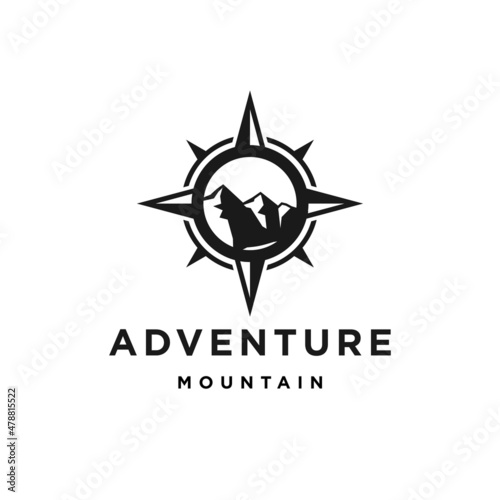 hipster badge adventure outdoor logo with Compass and mountain  design concept. Universal compass logo. Modern vintage retro concept