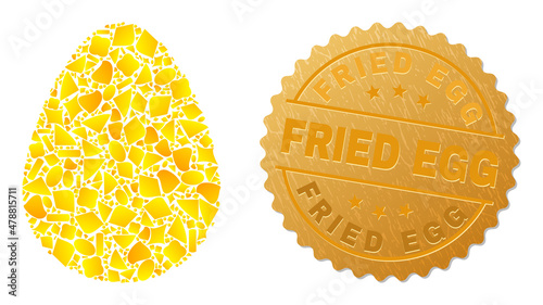 Golden mosaic of yellow spots for egg icon, and golden metallic Fried Egg stamp. Egg icon composition is composed of scattered golden parts.