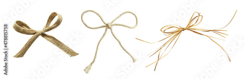 Set og beige canvas, rope and raffia bows isolated on white