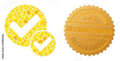 Golden combination of yellow particles for true positive icon, and golden metallic Decision Pending seal print. True positive icon mosaic is organized of scattered golden particles.