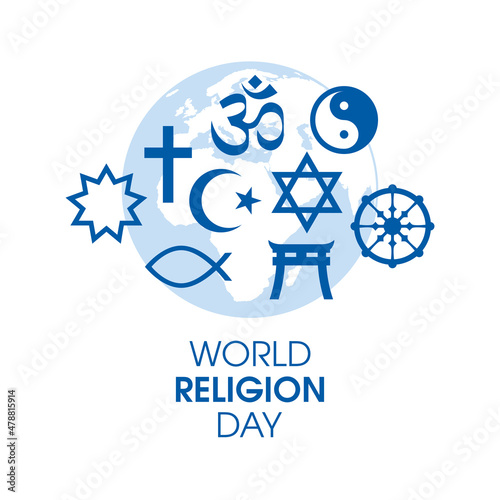 World Religion Day Poster with religious symbols vector. Religious symbols blue silhouette icon set vector isolated on a white background. World map and religions symbols vector. Important day