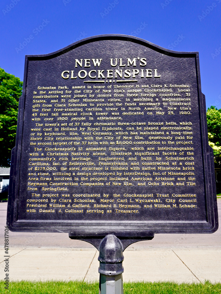 New Ulm, Minnesota Sign describing Glockenspiel is a 45foothigh musical clock tower with