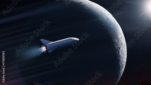 Photo Star ship is flying in outer space on big Moon background