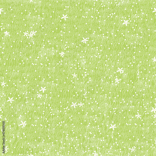 Green grass seamless on Spring, Vector illustration pattern nature lawn field texture, Cute endless tiny white wild flower and meadow in summer. Repeat natural surface for holiday background