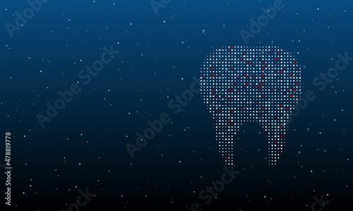 On the right is the tooth symbol filled with white dots. Background pattern from dots and circles of different shades. Vector illustration on blue background with stars