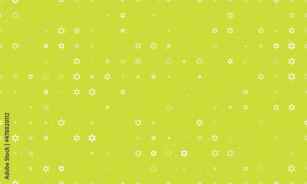 Seamless background pattern of evenly spaced white star of David symbols of different sizes and opacity. Vector illustration on lime background with stars