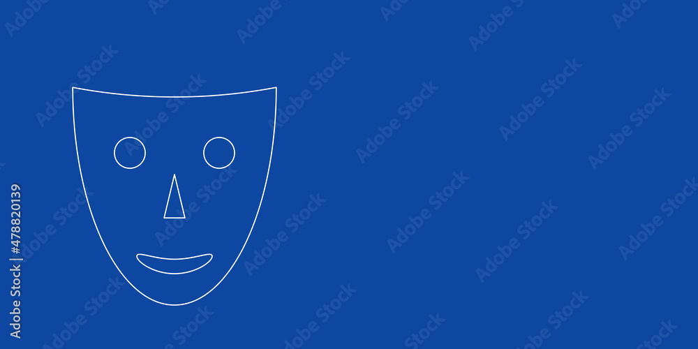 A large white outline theatrical mask on the left. Designed as thin white lines. Vector illustration on blue background A large white outline theatrical mask on the left. Designed as thin white lines. Vector illustration on blue background