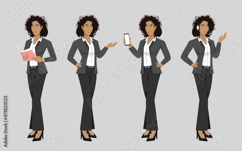 Elegant business woman with afro hairstyle in different poses isolated vector illustration