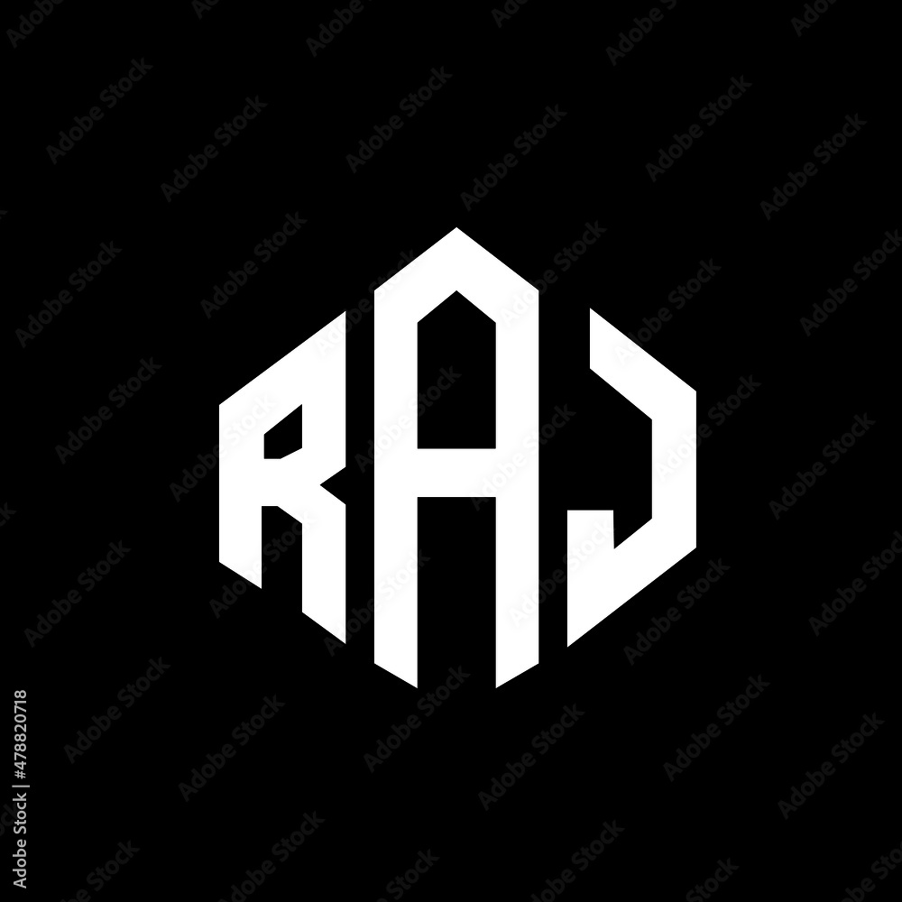 RAJ letter logo design with polygon shape. RAJ polygon and cube shape logo design. RAJ hexagon vector logo template white and black colors. RAJ monogram, business and real estate logo. - obrazy, fototapety, plakaty 